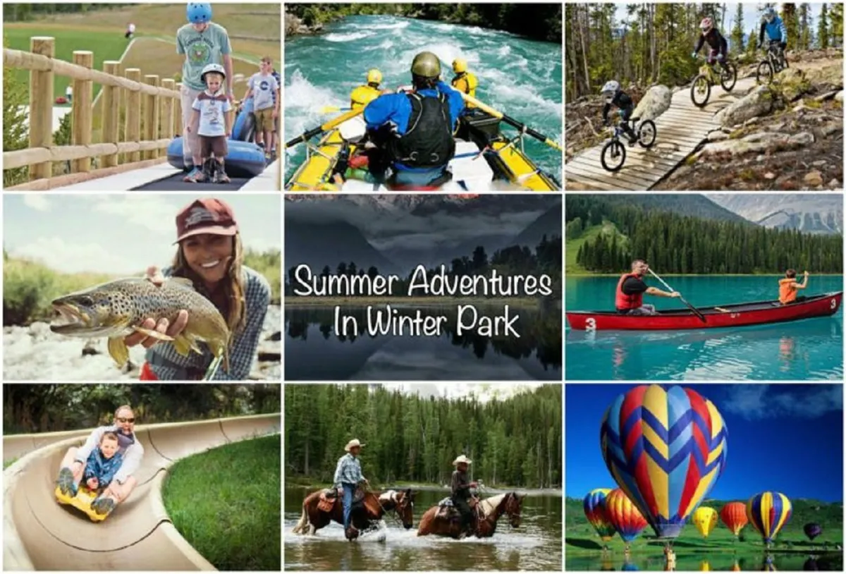 A lively panorama featuring groups of people engaged in a range of outdoor activities including rafting on a river, mountain biking down a trail, fishing, kayaking, and even hot air ballooning. The backdrop includes scenic mountains and lush landscapes, conveying a sense of adventure and excitement.
