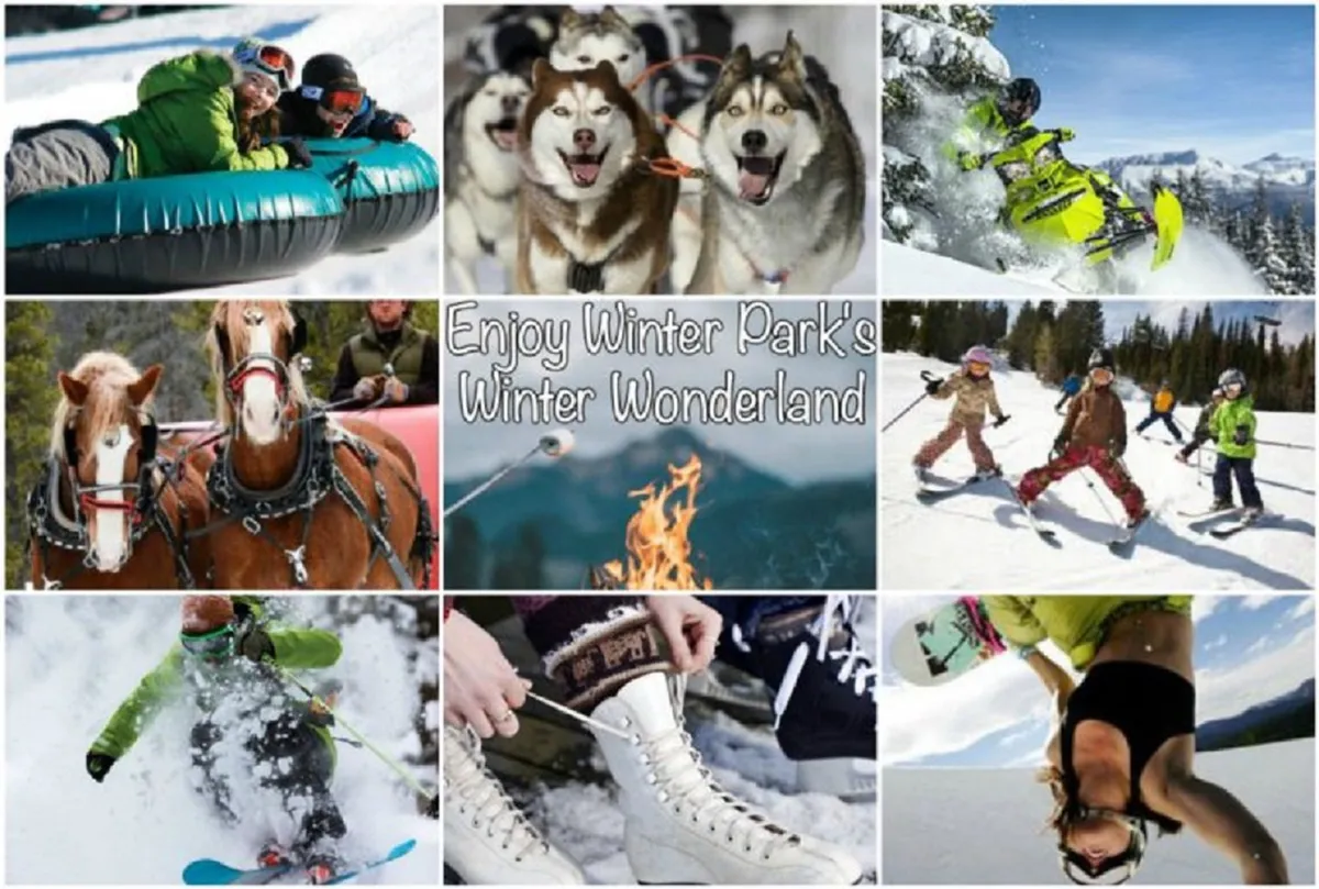 An energetic winter scene with people tubing down snowy slopes, huskies ready for dog sledding, snowmobiling, children skiing, a fire pit for après-ski relaxation, and visible skis and snowboard gear. The scene is bustling with activity and camaraderie.
