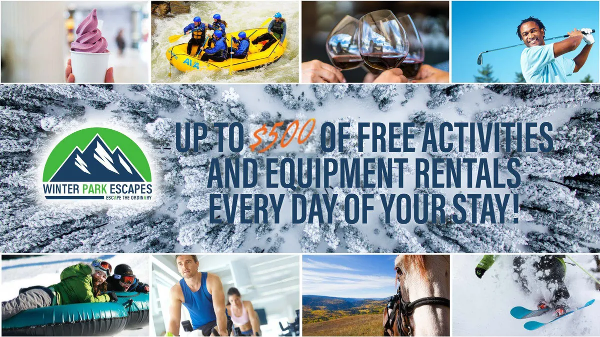 A lively exterior collage of outdoor activities, including white-water rafting on a rushing river, horseback riding through scenic landscapes, and groups enjoying delicious food outdoors. The image captures the variety and excitement of both summer and winter sports available nearby.