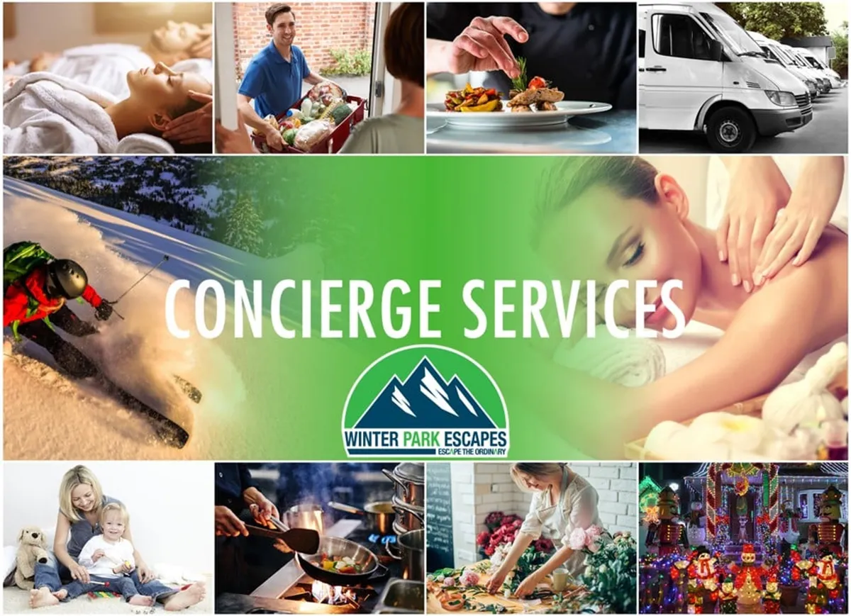 A thoughtfully arranged interior collage that features visual representations of concierge services and diverse activities. The image includes icons and small vignettes showing spa treatments, gourmet dining, family bonding moments, skiing, and holiday celebrations, all overlayed with a Winter Park Escapes logo and concise, inviting text about concierge services.